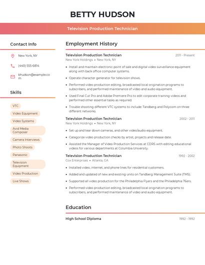 Television Production Technician Resume