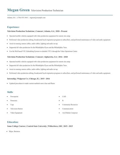 Television Production Technician Resume