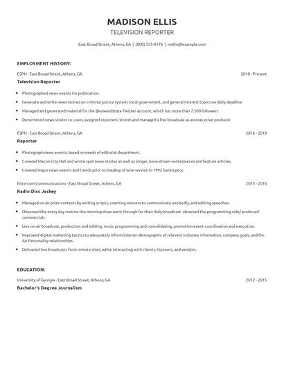Television Reporter Resume