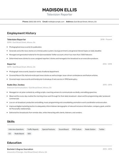 Television Reporter Resume