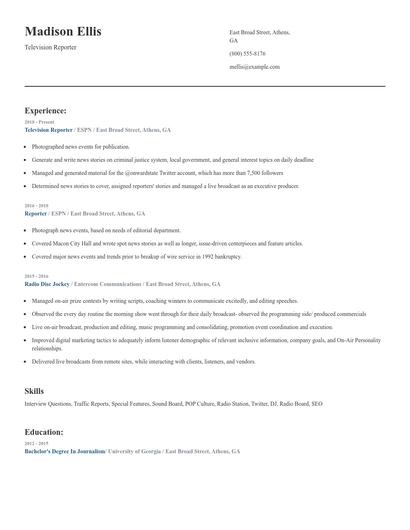 Television Reporter Resume