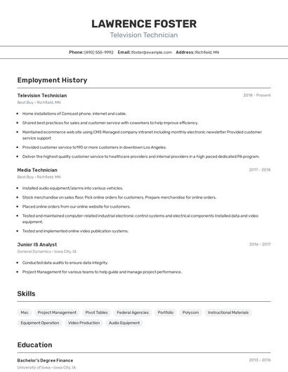 Television Technician Resume