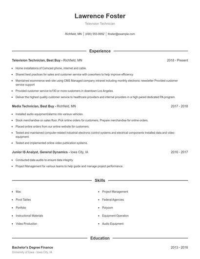 Television Technician Resume