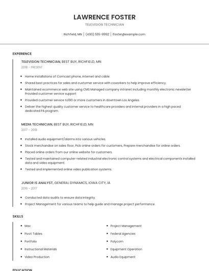 Television Technician Resume