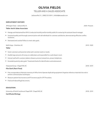 Teller And A Sales Associate Resume