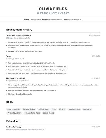 Teller And A Sales Associate Resume