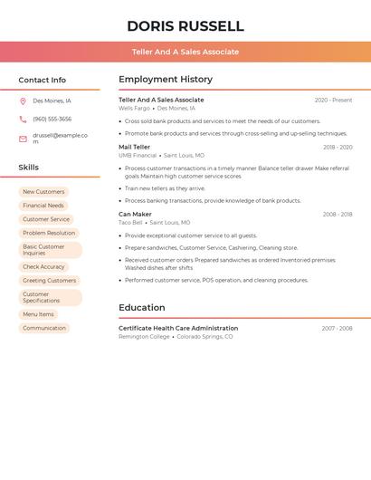 Teller And A Sales Associate Resume