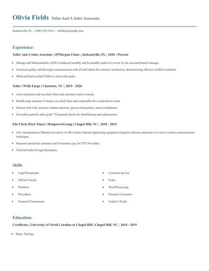 Teller And A Sales Associate Resume