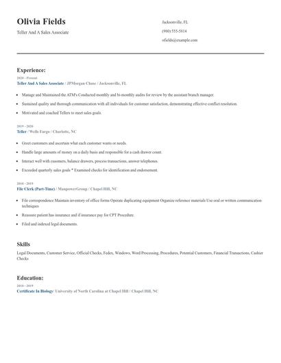 Teller And A Sales Associate Resume