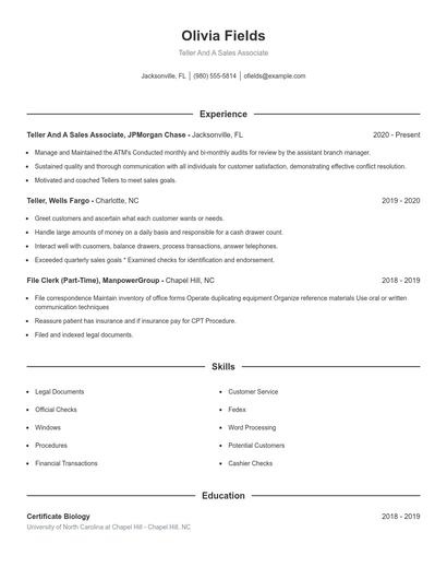 Teller And A Sales Associate Resume