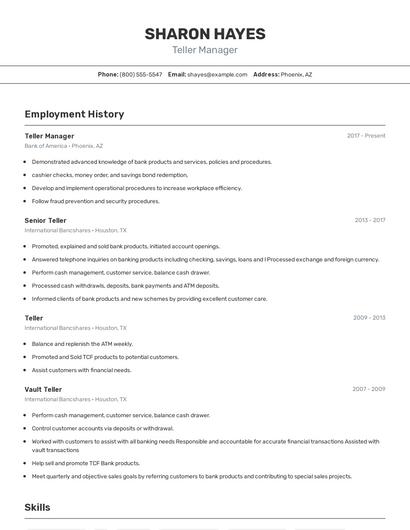 Teller Manager Resume
