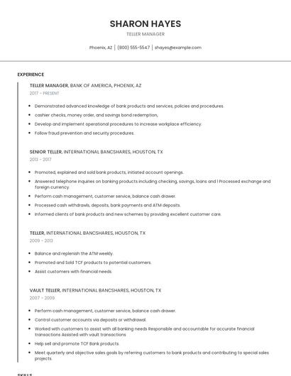 Teller Manager Resume