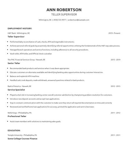 Teller Supervisor Resume