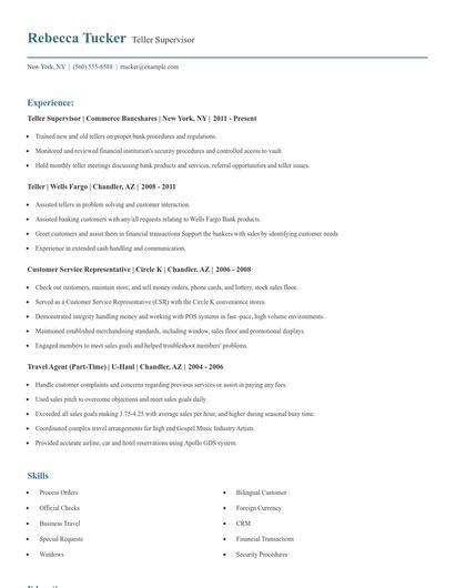 Teller Supervisor Resume