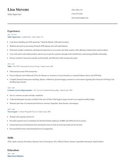 Teller Supervisor Resume