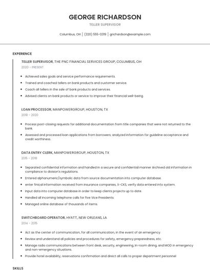 Teller Supervisor Resume