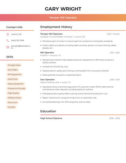 Temper Mill Operator Resume