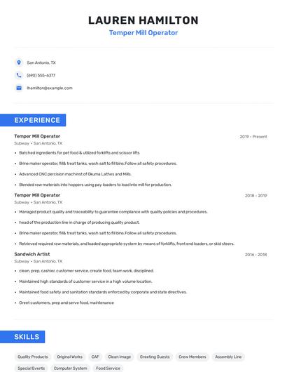 Temper Mill Operator Resume