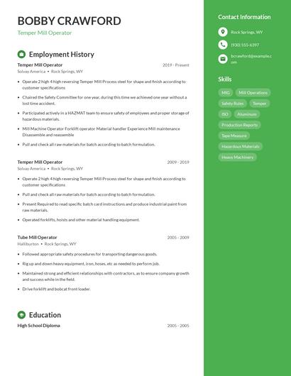 Temper Mill Operator Resume