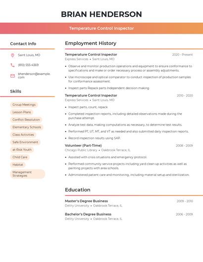 Temperature Control Inspector Resume