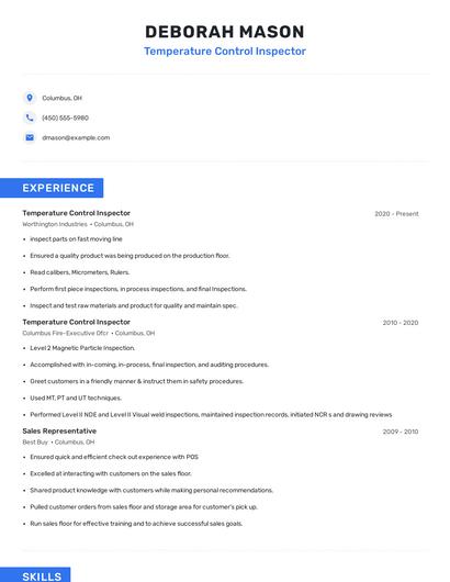 Temperature Control Inspector Resume