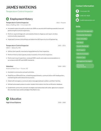 Temperature Control Inspector Resume
