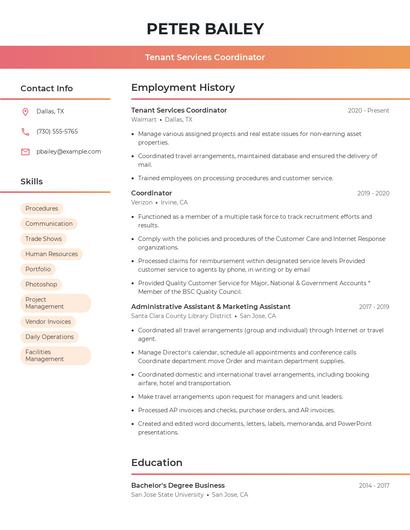 Tenant Services Coordinator Resume