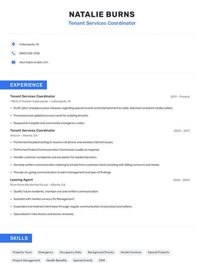 Tenant Services Coordinator Resume