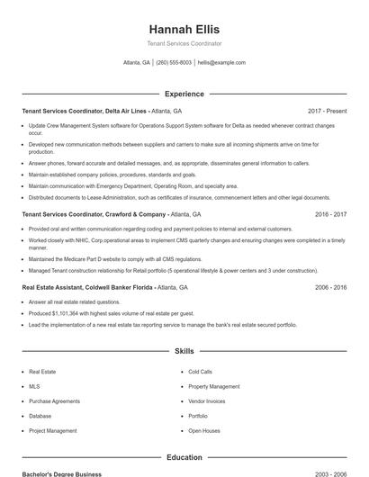 Tenant Services Coordinator Resume