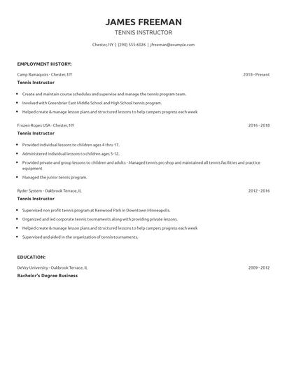 Tennis Instructor Resume