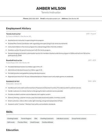 Tennis Instructor Resume
