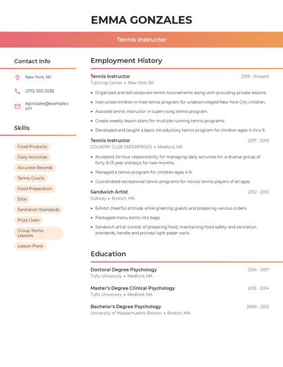 Tennis Instructor Resume