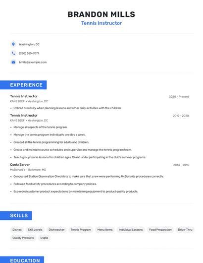 Tennis Instructor Resume
