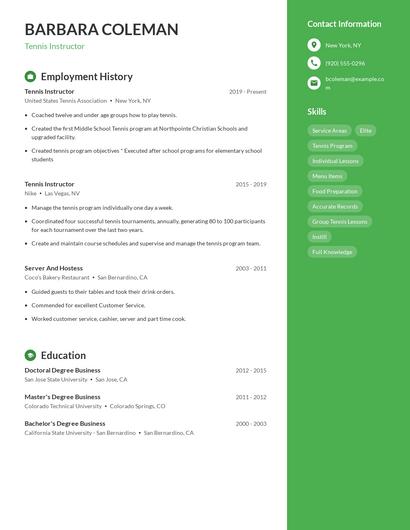 Tennis Instructor Resume