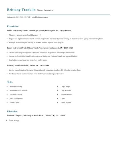 Tennis Instructor Resume