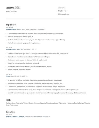 Tennis Instructor Resume