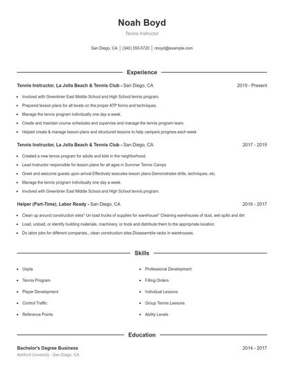 Tennis Instructor Resume