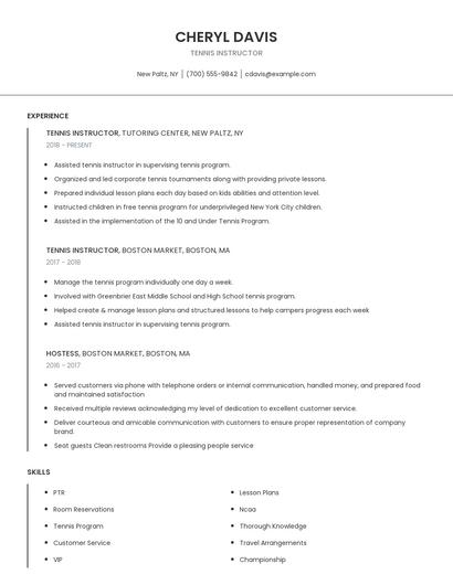 Tennis Instructor Resume