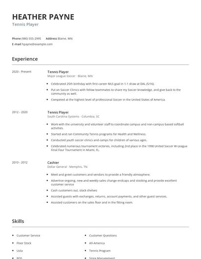 Tennis Player Resume