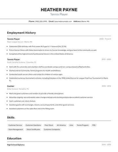 Tennis Player Resume