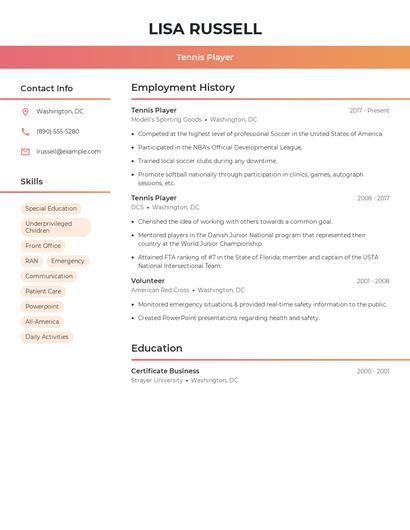 Tennis Player Resume