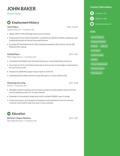 Tennis Player Resume