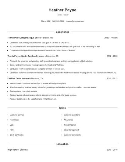 Tennis Player Resume