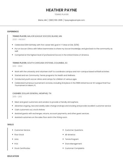 Tennis Player Resume