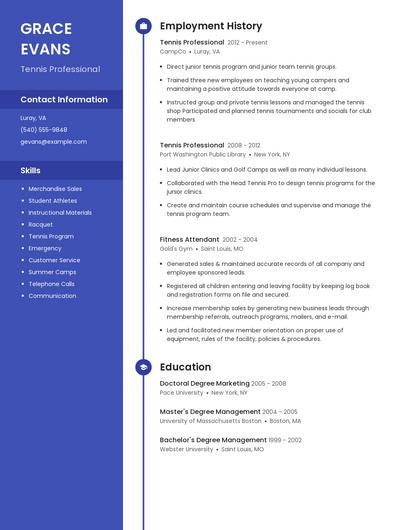 Tennis Professional Resume