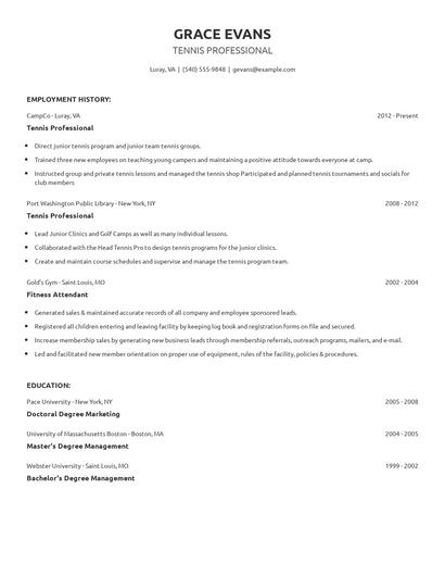 Tennis Professional Resume