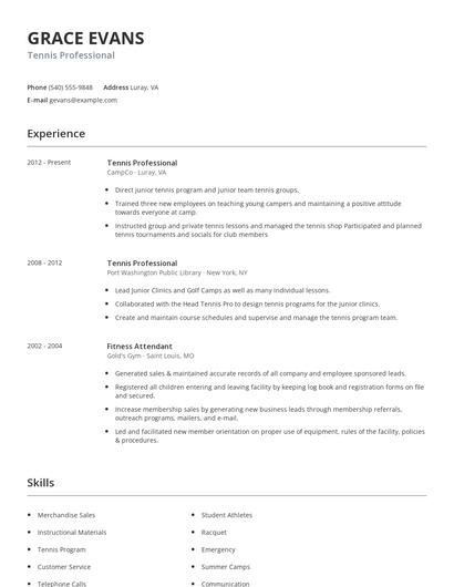 Tennis Professional Resume