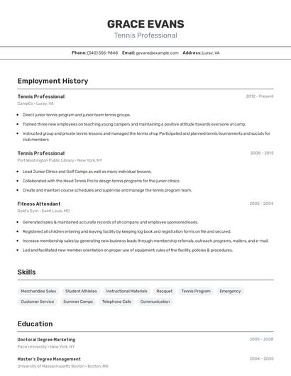 Tennis Professional Resume