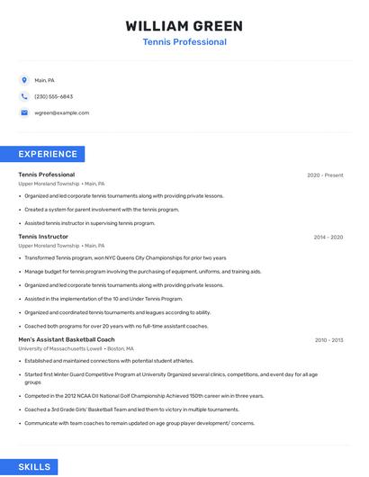 Tennis Professional Resume
