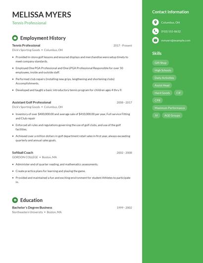 Tennis Professional Resume
